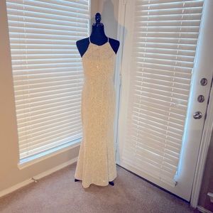 Long lace beaded feather sheer custom made gown